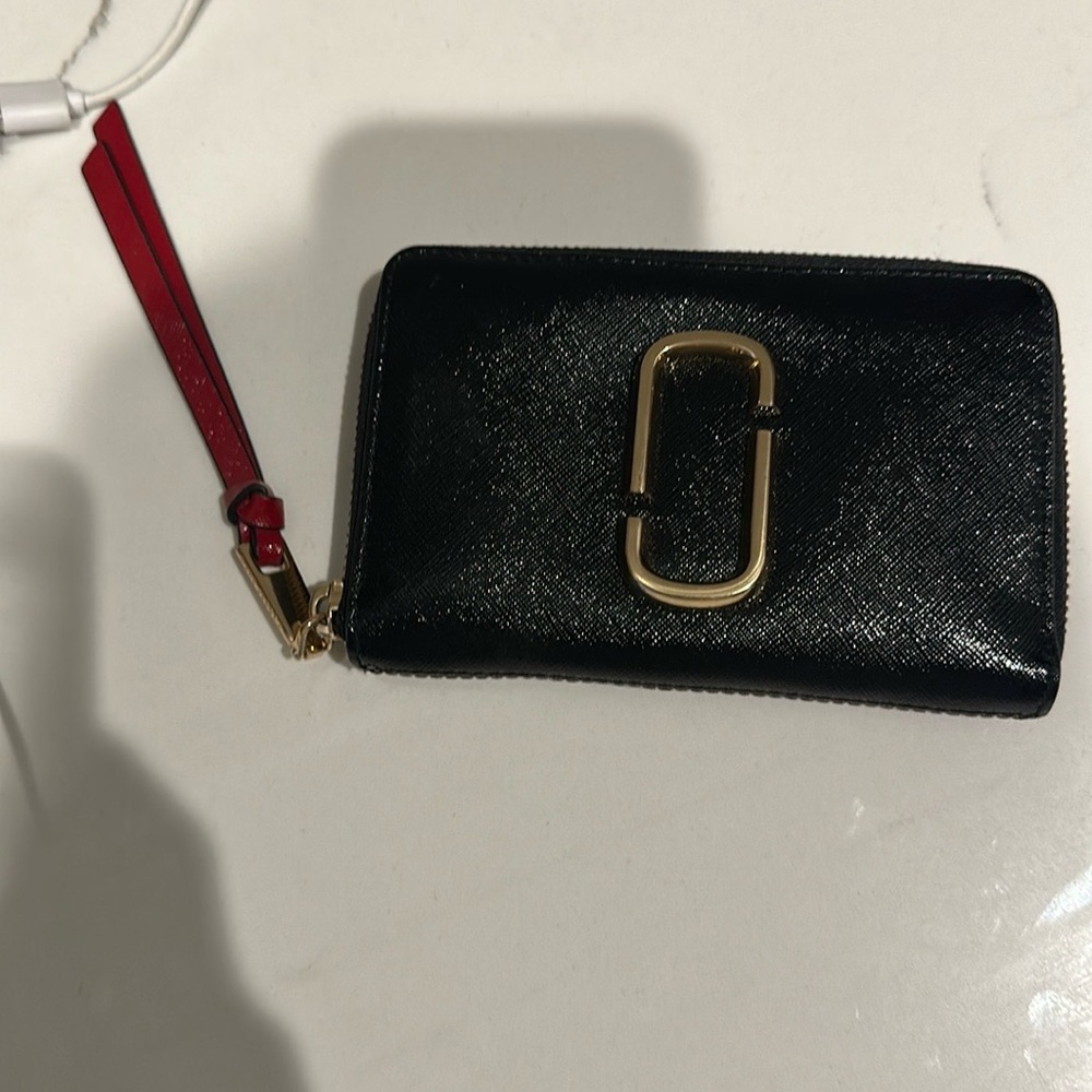 Marc Jacobs Black and Gold Wallet with Red Strap